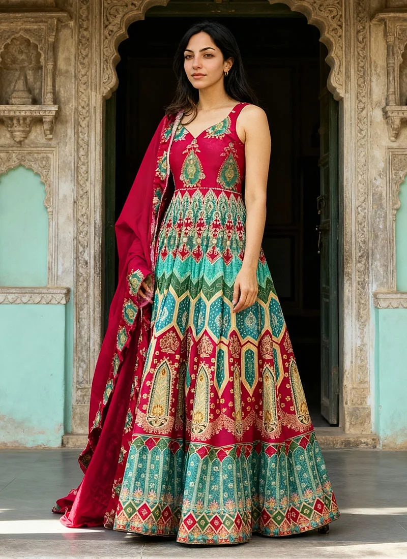Sky blue georgette floral print anarkali